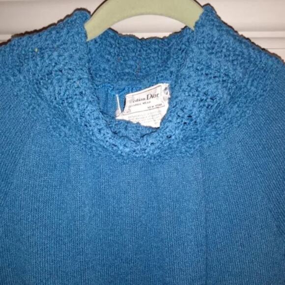 DIOR Maxi Knit Dress Sz S BLUE Turtleneck Luxe Bodycon Lounge Crochet RARE VNTG - Picture 2 of 16